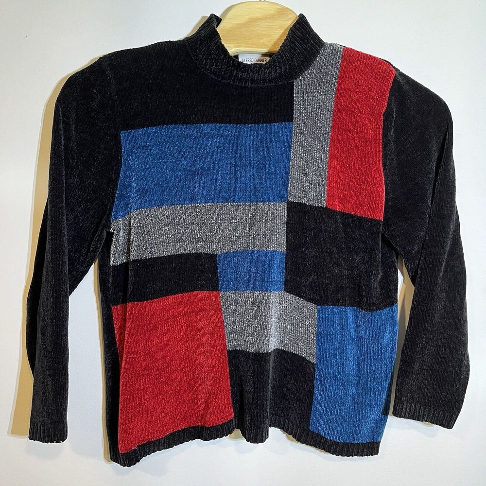 Alfred Dunner Vintage Women's L Colorblock Long Sleeve Mock Neck Baggy Loose